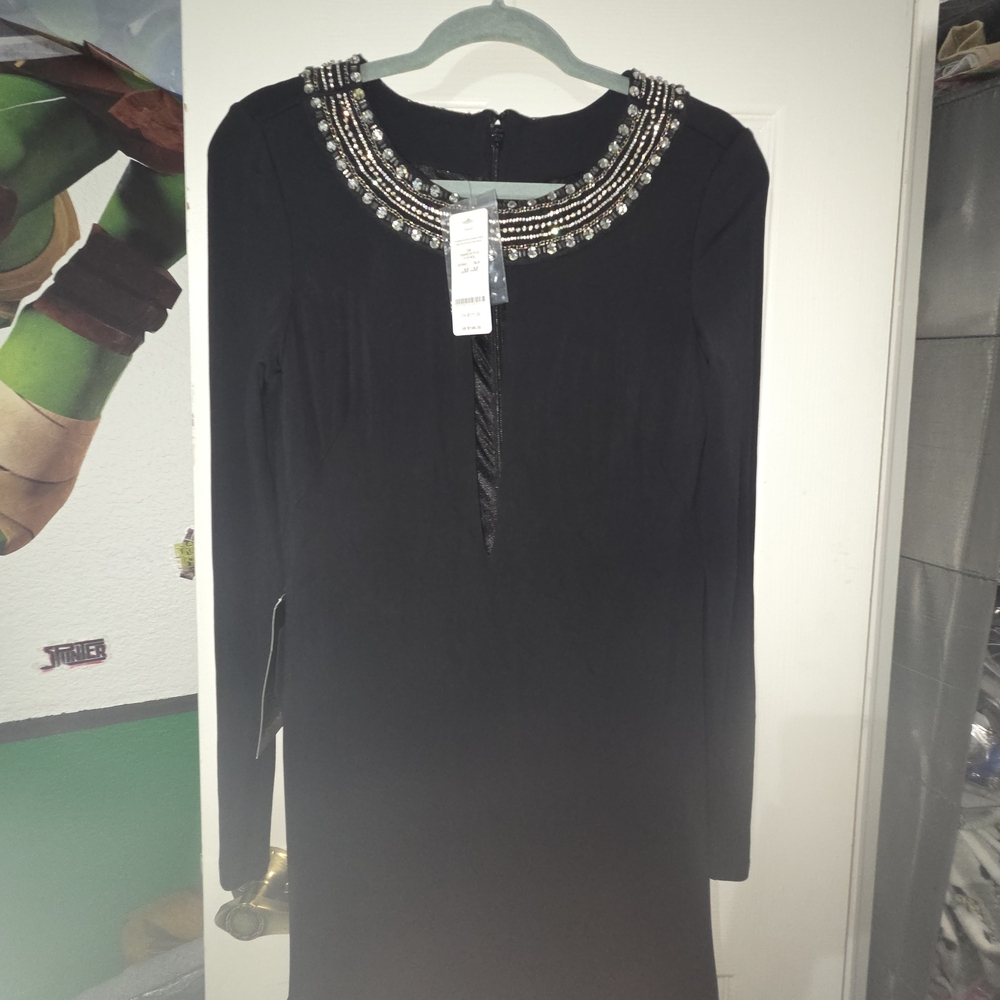 BEBE plunging Keyhole Rhinestone Black Mini Dress Embellished Neckline.  Size M
